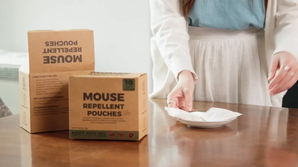 A woman placing a Pest Vault pouch next to the box
